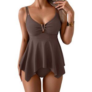 Aidonger Flowy Two Piece Tankini Swimsuit Bathing Suit Coffee Brown MEDIUM
